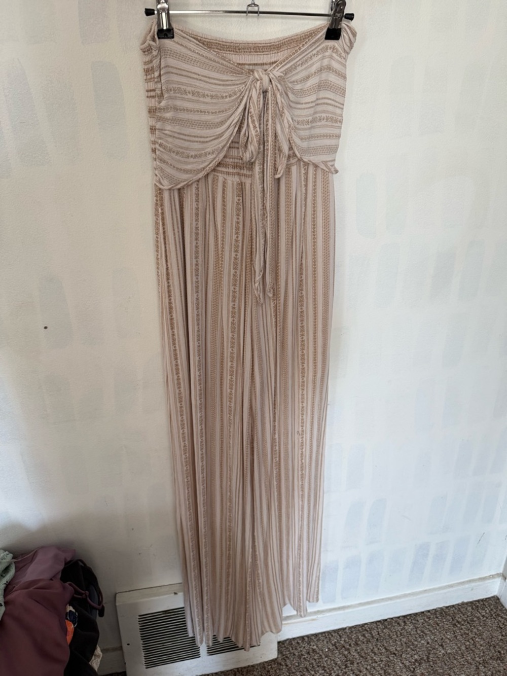 Francesca's Collections Strapless Tie-Front Wide Leg Jumpsuit in Beige and Cream